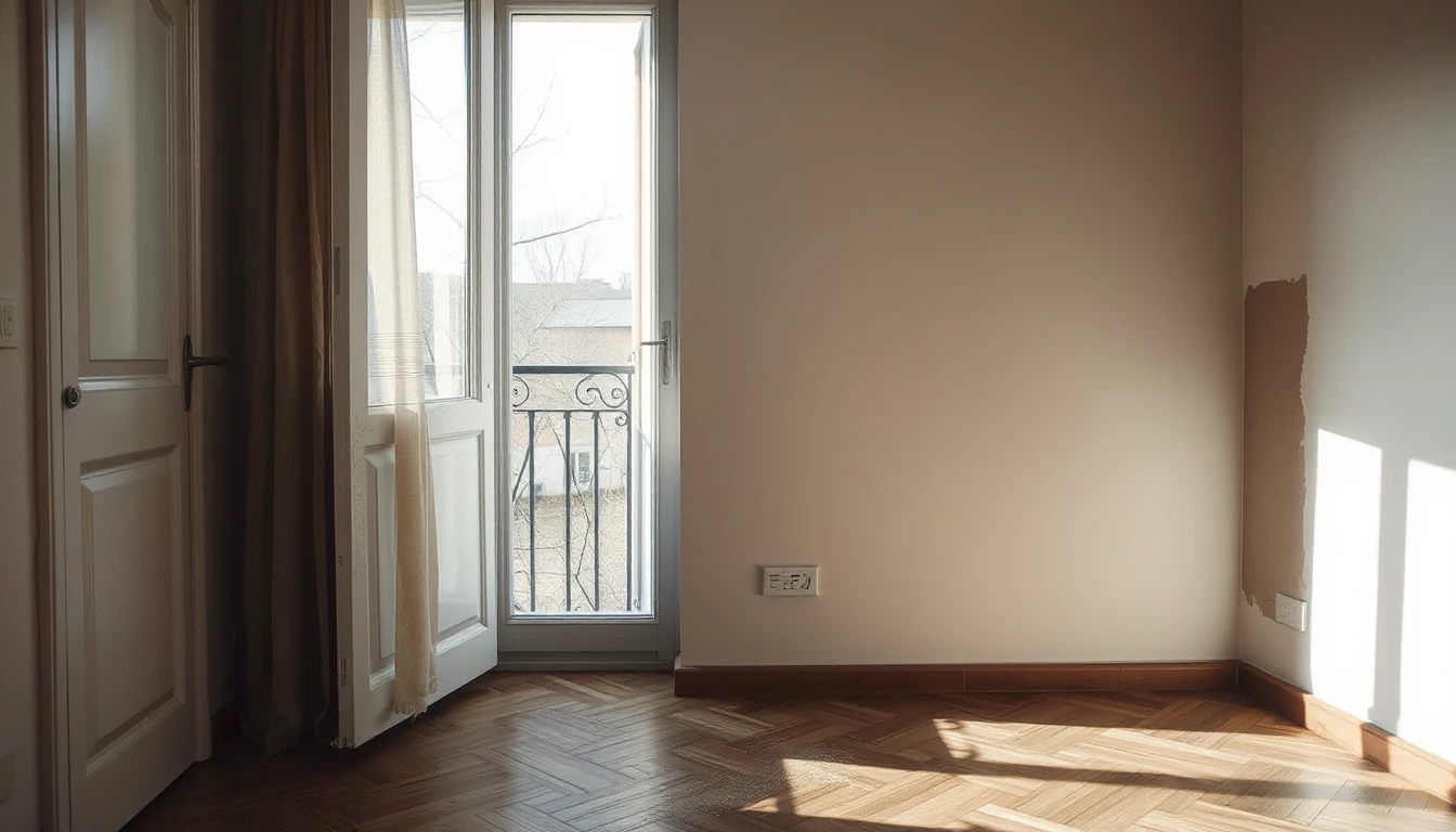 KI-Symbolbild: Ein leeres Zimmer einer zurückgegebenen Mietwohnung mit Balkontür, Fischgrätparkett und einer ausgebesserten Wandstelle im Winterlicht.