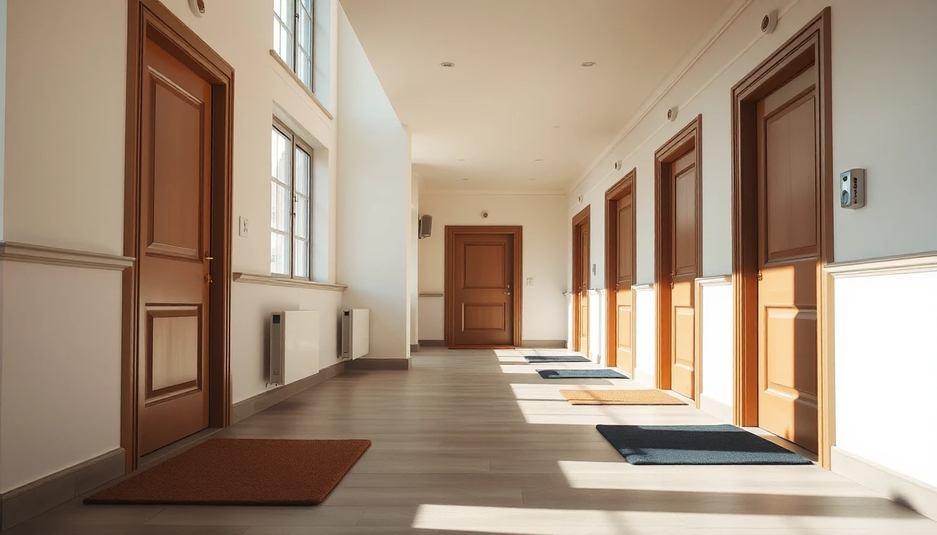 KI-Symbolbild: Ein heller Gang in einem neuen Wohnhaus mit gleichartigen Wohnungstüren und unterschiedlich farbigen Fußmatten.