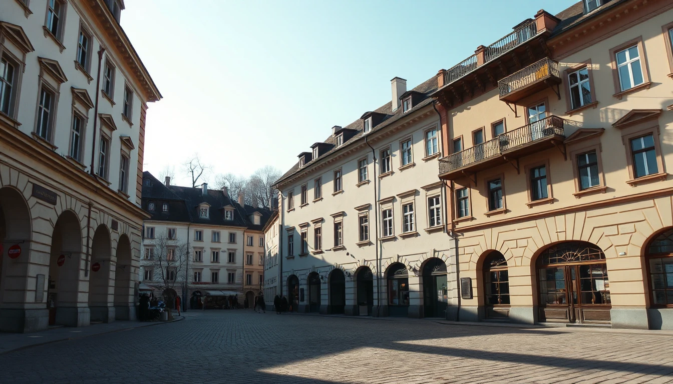 KI-Symbolbild: Ein ruhiger Platz in einer österreichischen Stadt mit einem Gebäude mit Arkaden und Wohnhäusern daneben an einem klaren Herbstmorgen.