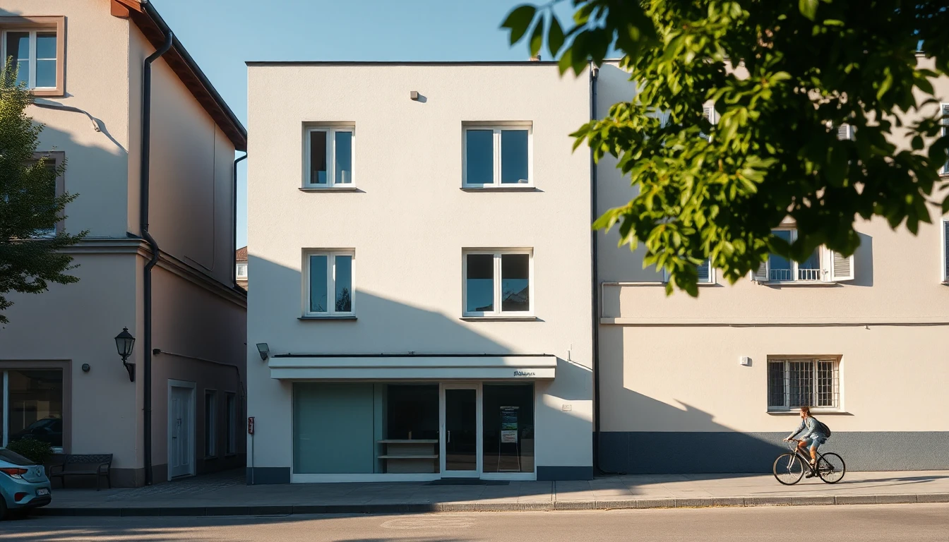 KI-Symbolbild: Ein kleines Wohn- und Geschäftshaus mit schlichter Ladenfront im Erdgeschoss und Wohnungen darüber, davor fährt eine Radfahrerin vorbei.