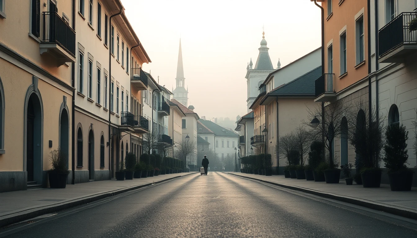 KI-Symbolbild: Leere Wohnstraße in einer österreichischen Altstadt im Morgendunst, in der Ferne geht eine Person mit Rollkoffer Richtung Kirchturm.