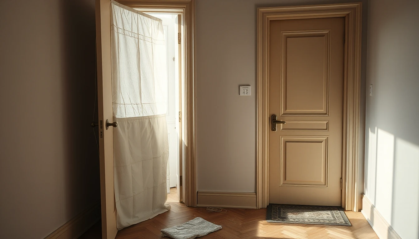 KI-Symbolbild: Ein Wohnungsgang mit einer offenen, mit Staubschutzplane verhängten Nachbartür und einer geschlossenen Wohnungstür mit Fußmatte.