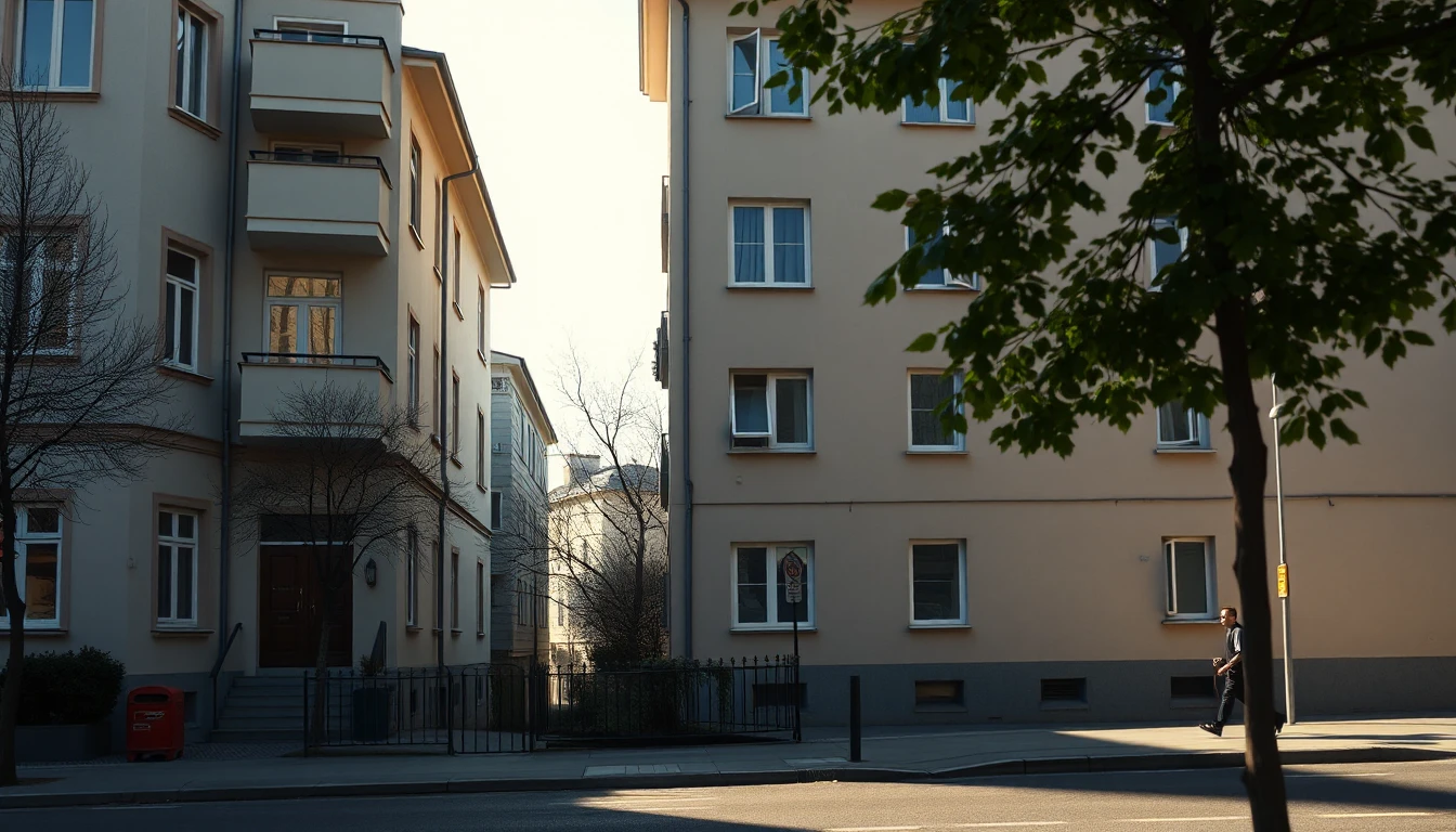 KI-Symbolbild: Ruhige Wohnhäuser an einer Straße in der Morgensonne, in der Ferne geht ein Briefträger den Gehsteig entlang.