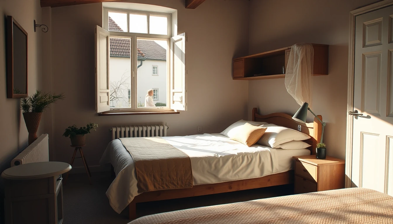 KI-Symbolbild: Ein kleines möbliertes Gästezimmer mit frisch bezogenem Bett und geöffneten Fensterflügeln, draußen im Hof kommt eine Person an.