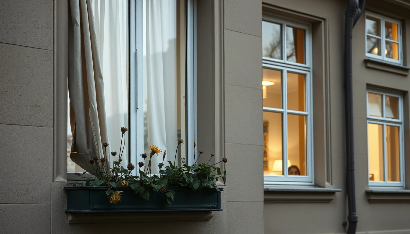 KI-Symbolbild: Ein Fenster einer Gründerzeitfassade mit zugezogenem Vorhang und verwelkten Blumen im Kasten, daneben warm beleuchtete Nachbarfenster.