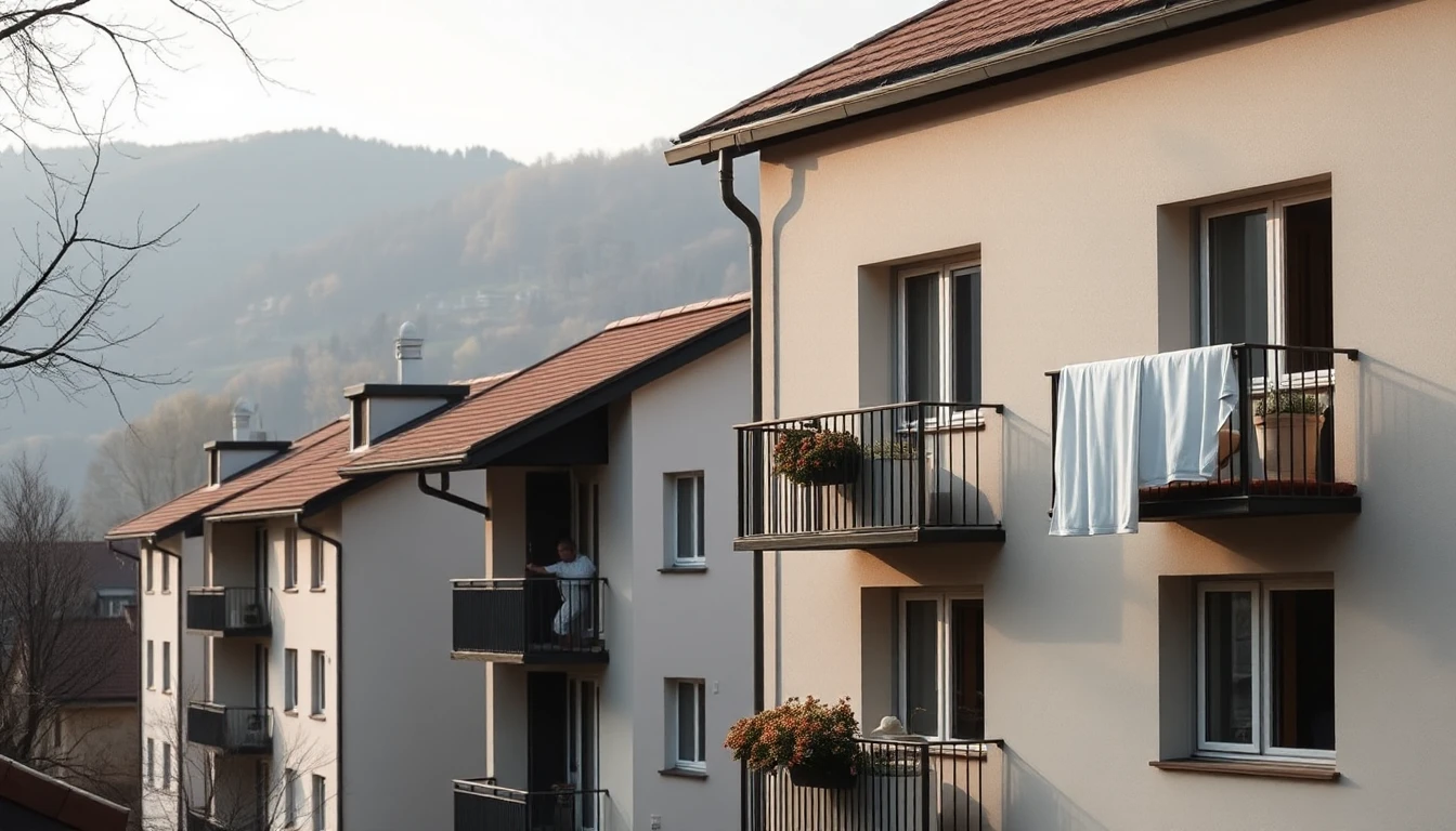 KI-Symbolbild: Ein ruhiges Mietshaus mit Balkonen, auf denen Bettzeug lüftet, dahinter bewaldete Hügel an einem milden Frühlingstag.