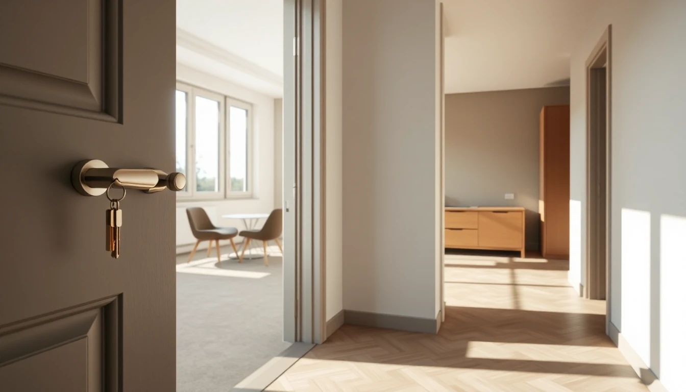 KI-Symbolbild: Ein heller Neubau-Flur mit Schlüsselbund an der geöffneten Wohnungstür und Blick in leere Wohnräume im Sonnenlicht.