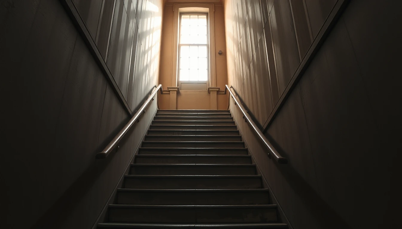 KI-Symbolbild: Ein enges Stiegenhaus eines Altbaus mit abgetretenen Stufen und Handläufen, oben fällt weiches Licht durch ein hohes Fenster.