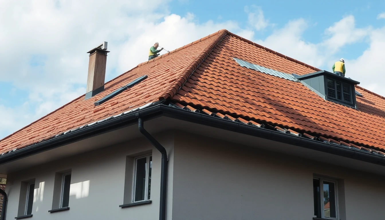 KI-Symbolbild: Ein Wohnhaus mit Ziegeldach, auf dem zwei Dachdecker klein beim Ausbessern zu sehen sind, unter aufklarendem blauem Himmel.