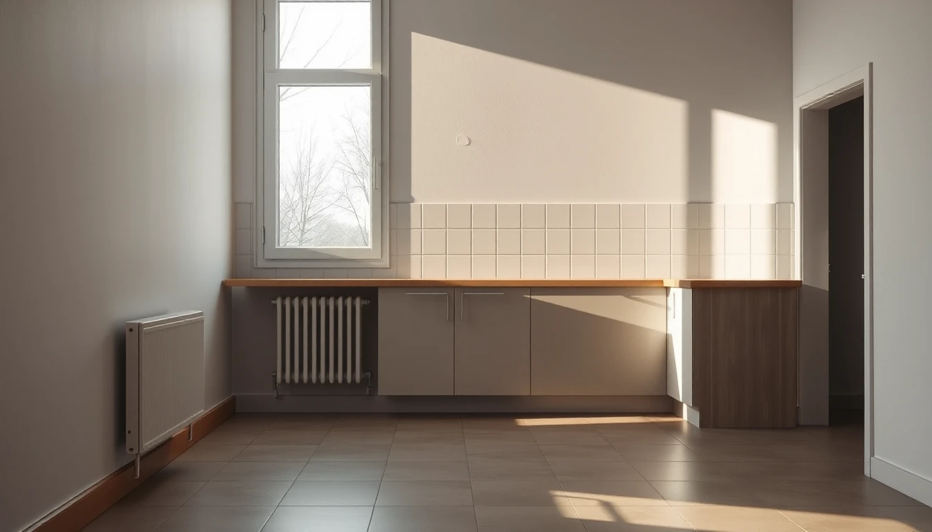 KI-Symbolbild: Eine helle, leere Küche einer Mietwohnung mit Fliesenspiegel unter dem Fenster und Sonnenlicht auf dem Boden.