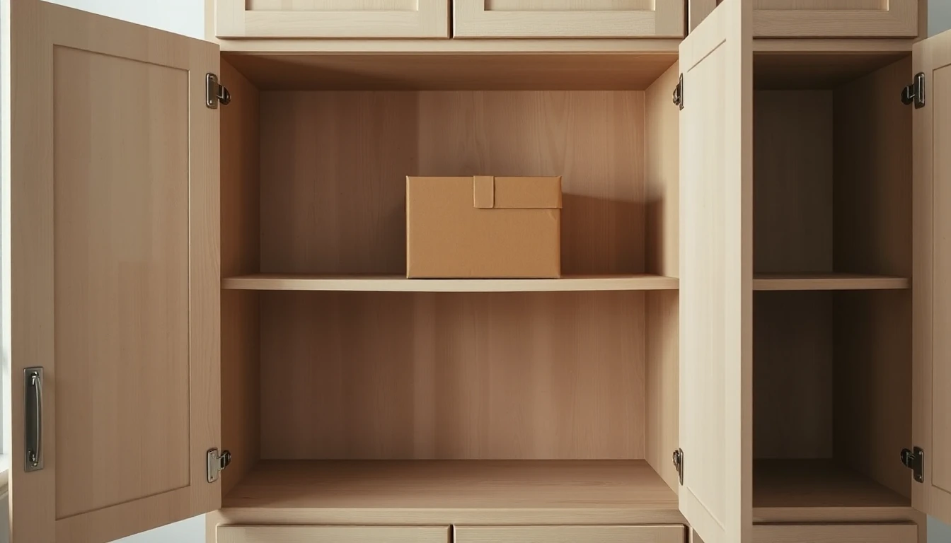 KI-Symbolbild: Ein geöffneter, leerer Einbauschrank, in dem nur noch ein geschlossener schlichter Karton auf einem Regalboden steht.