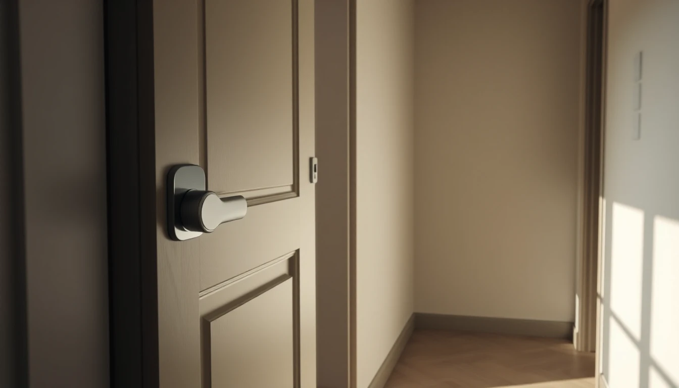 KI-Symbolbild: Ein moderner Wohnungseingang mit schlichtem Türgriff und leerem, sonnenbeschienenem Flur.