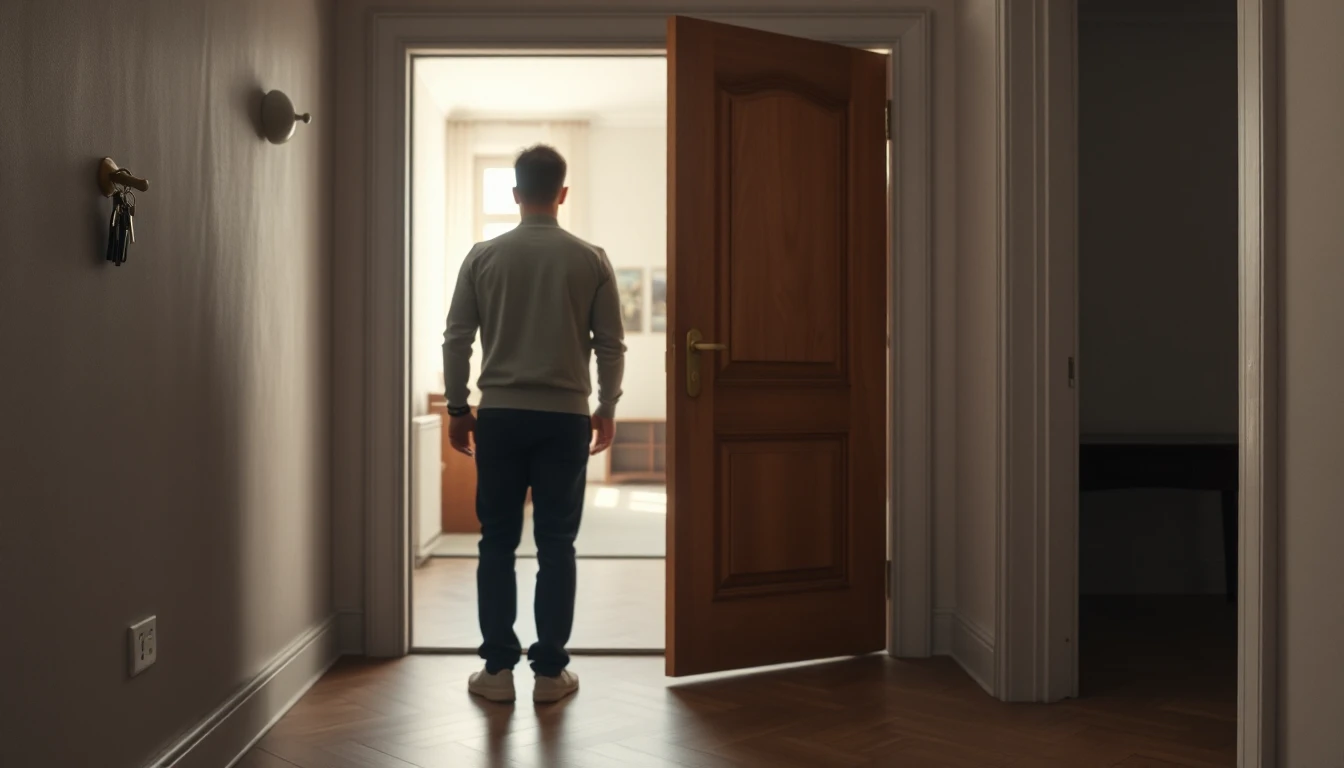 KI-Symbolbild: Ein Mann steht von hinten gesehen in der offenen Tür einer leeren Altbauwohnung, links hängt ein Schlüsselbund an einem Wandhaken.