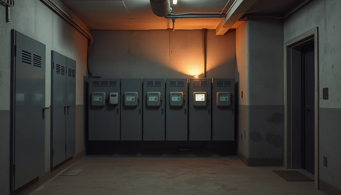 KI-Symbolbild: Ein dämmriger Kellerraum mit einer Reihe grauer Zählerschränke an der Wand, darüber ein warmer Lichtschein.