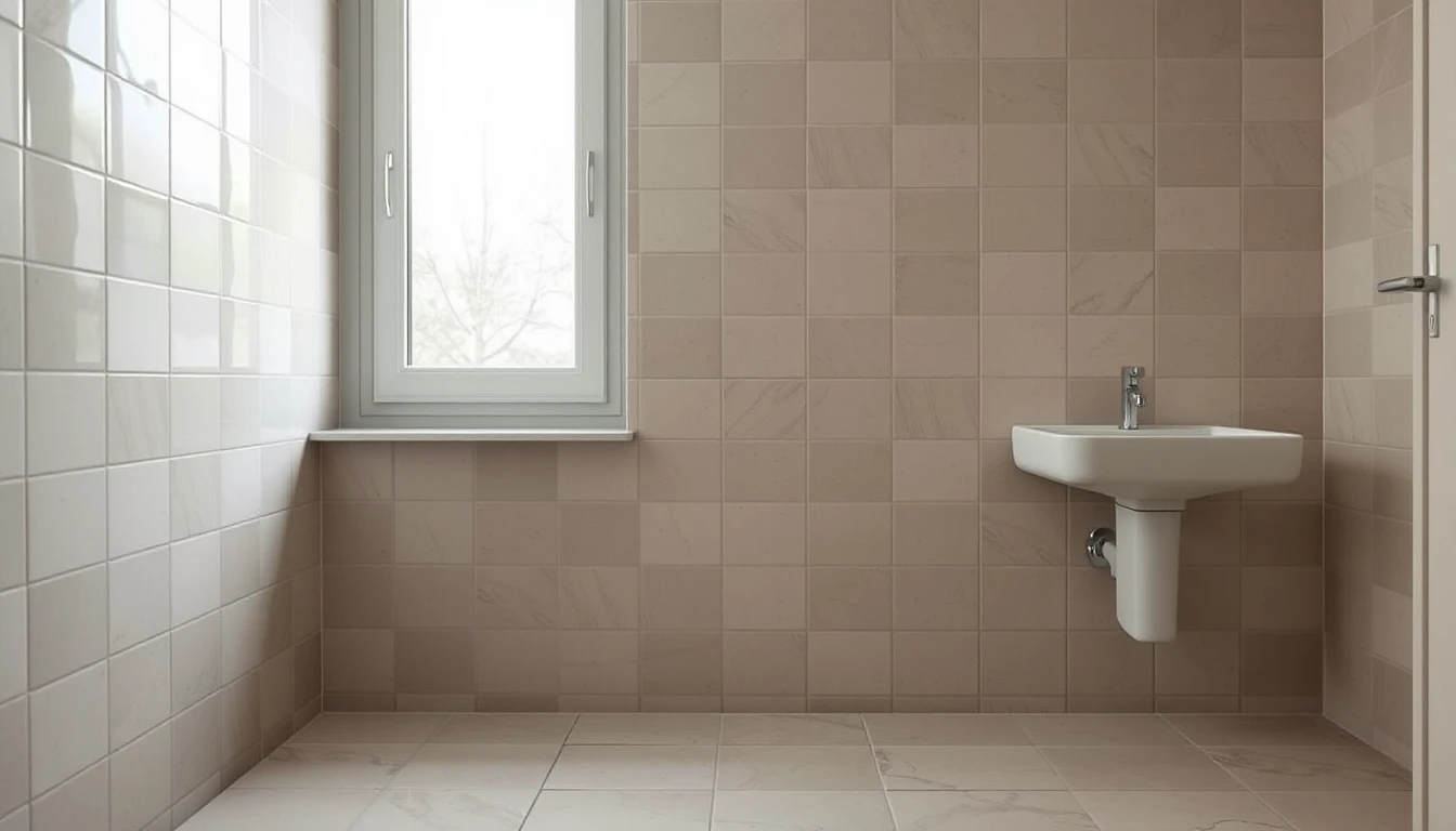 KI-Symbolbild: Eine frisch geflieste Badezimmerwand mit Waschbecken und Fenster in weichem Tageslicht.
