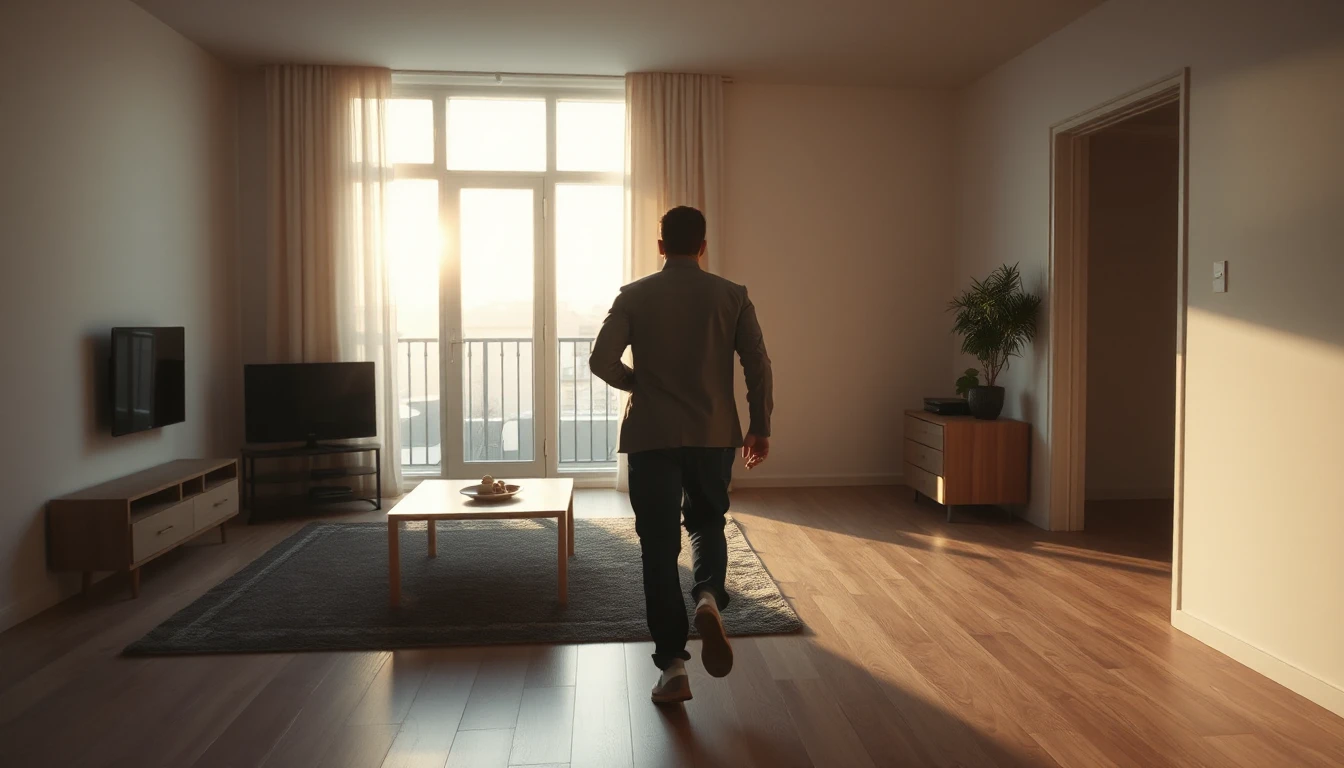 KI-Symbolbild: Ein Mann geht von hinten gesehen zügig durch ein spärlich möbliertes Wohnzimmer auf die Balkontür im Abendlicht zu.