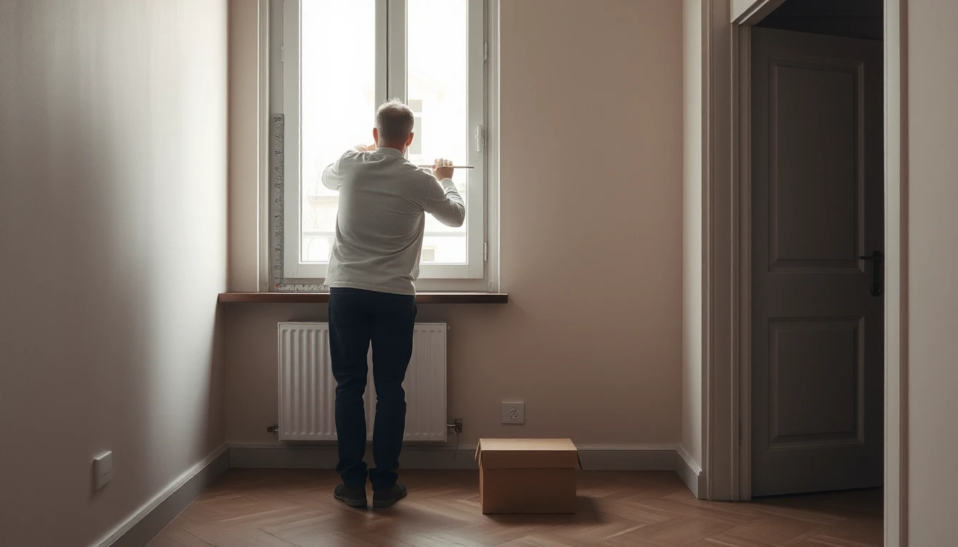KI-Symbolbild: Ein Mann misst von hinten gesehen eine Fensternische in einer leeren Wohnung, daneben steht ein schlichter Karton.