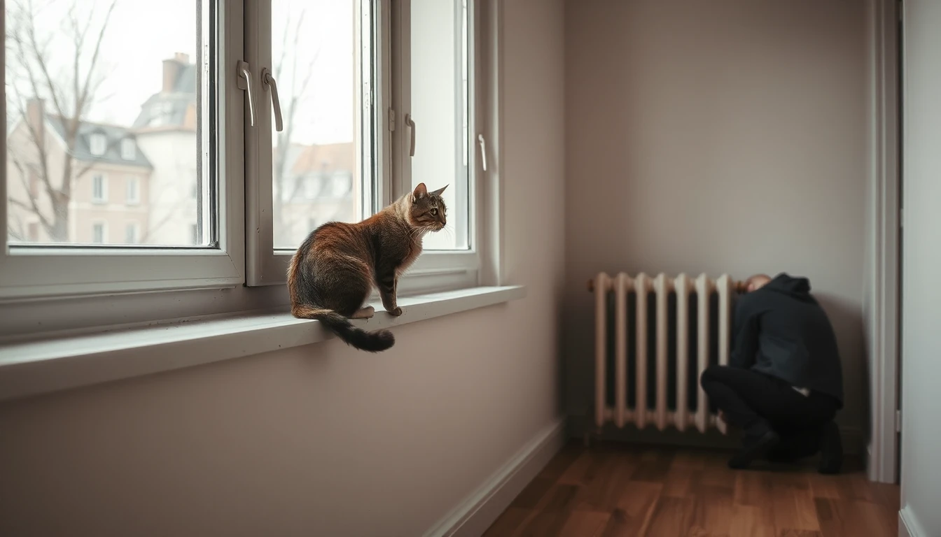 KI-Symbolbild: Eine Katze sitzt auf dem Fensterbrett, im Hintergrund kniet ein Techniker an einem Heizkörper.