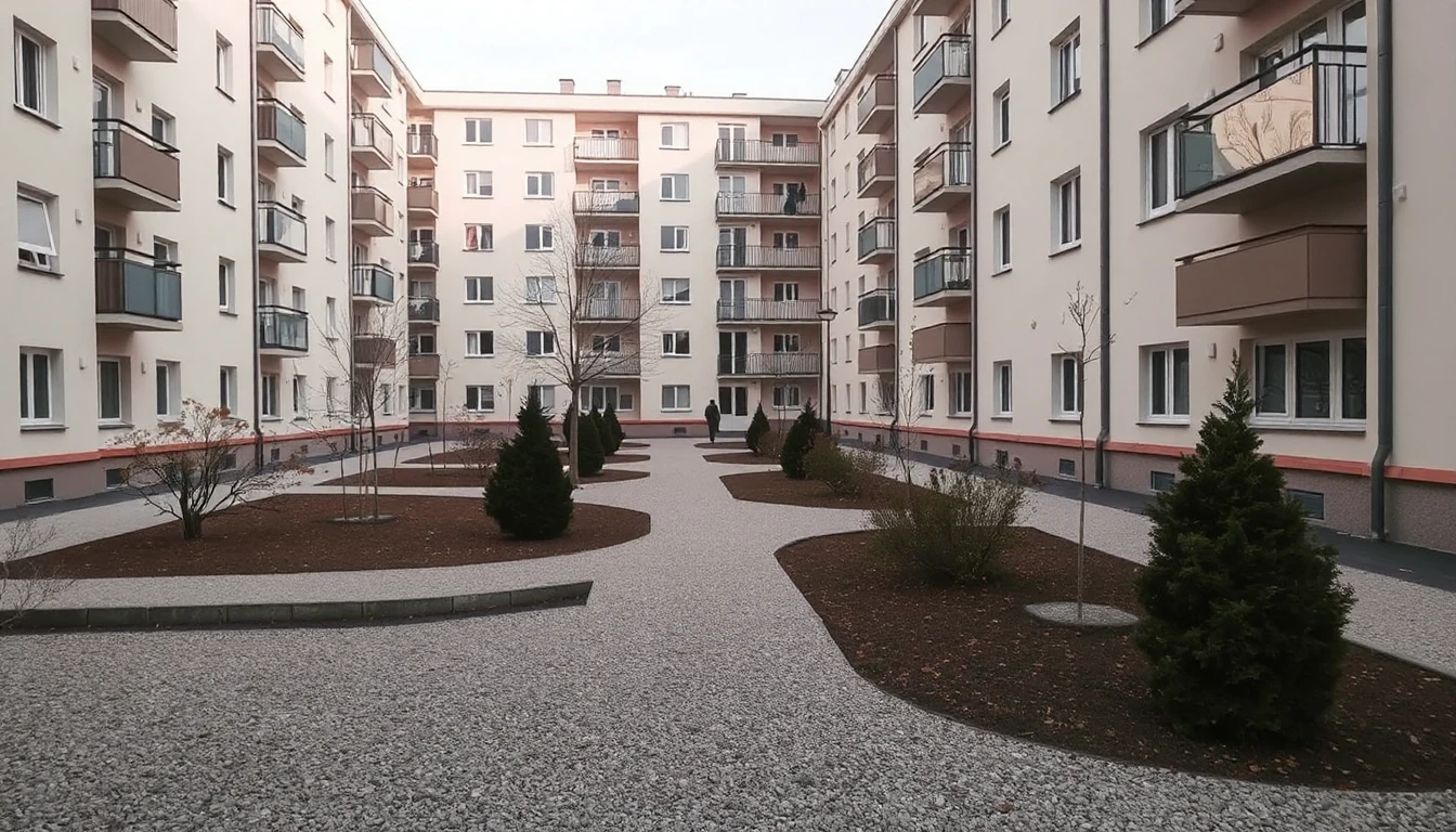 KI-Symbolbild: Ein gepflegter Innenhof einer Wohnanlage mit Kieswegen und frisch gesetzten Sträuchern, in der Ferne geht eine Person.