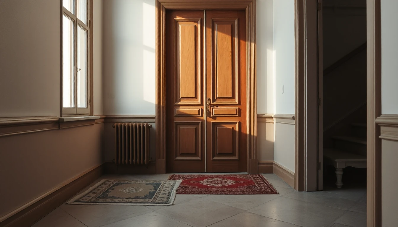 KI-Symbolbild: Vor einer hölzernen Wohnungstür im Stiegenhaus liegen zwei verschiedene Fußmatten nebeneinander.