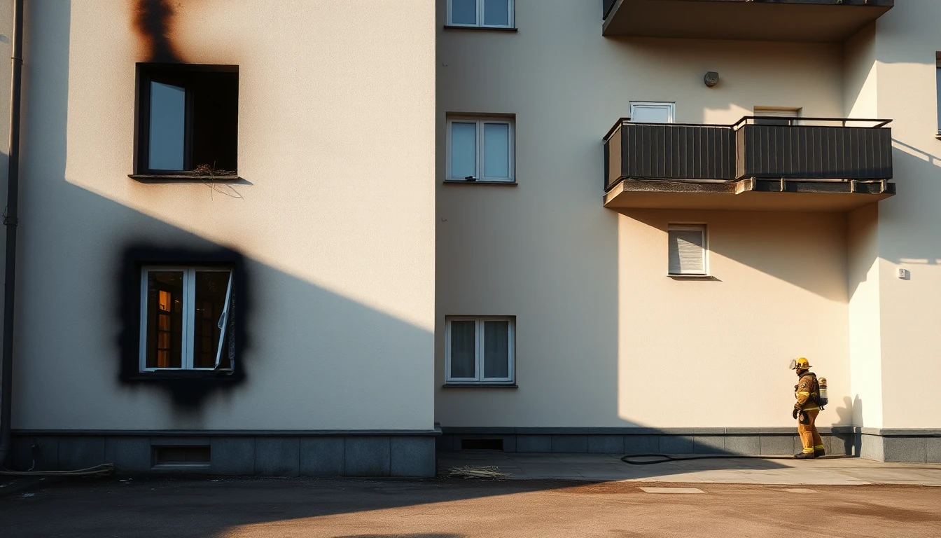 KI-Symbolbild: Eine Hausfassade mit Rußspuren um ein Fenster, rechts packt ein Feuerwehrmann in der Ferne zusammen.