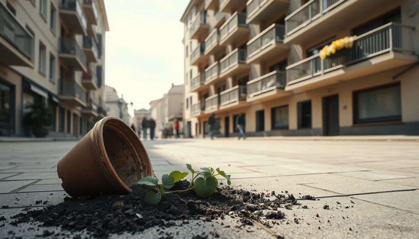 KI-Symbolbild: Ein umgekippter Blumentopf mit verstreuter Erde liegt auf dem Gehsteig unter den Balkonen eines Wohnhauses.
