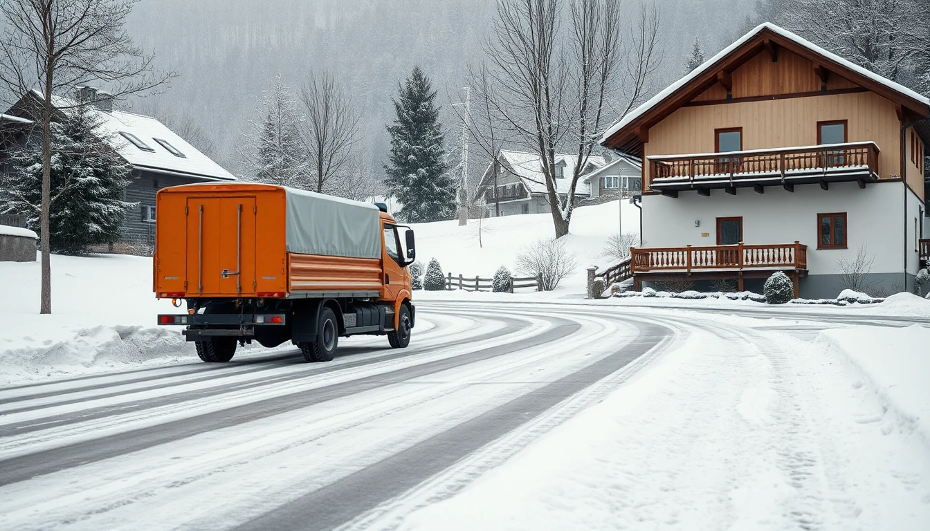KI-Symbolbild: Ein orangefarbener Lastwagen fährt auf einer geräumten, verschneiten Dorfstraße an einem Wohnhaus mit Holzbalkonen vorbei.