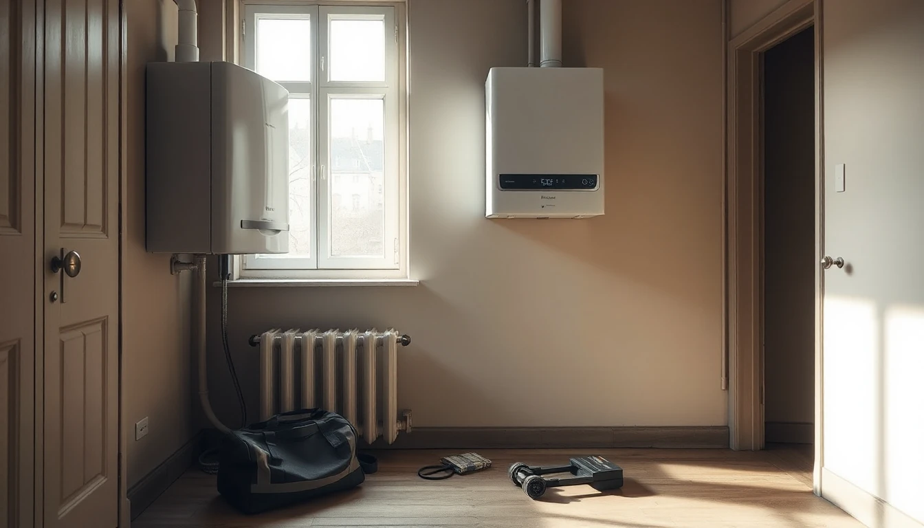 KI-Symbolbild: Eine Gastherme hängt an der Wand einer Altbauküche, am Boden liegen Werkzeugtasche und Werkzeug.