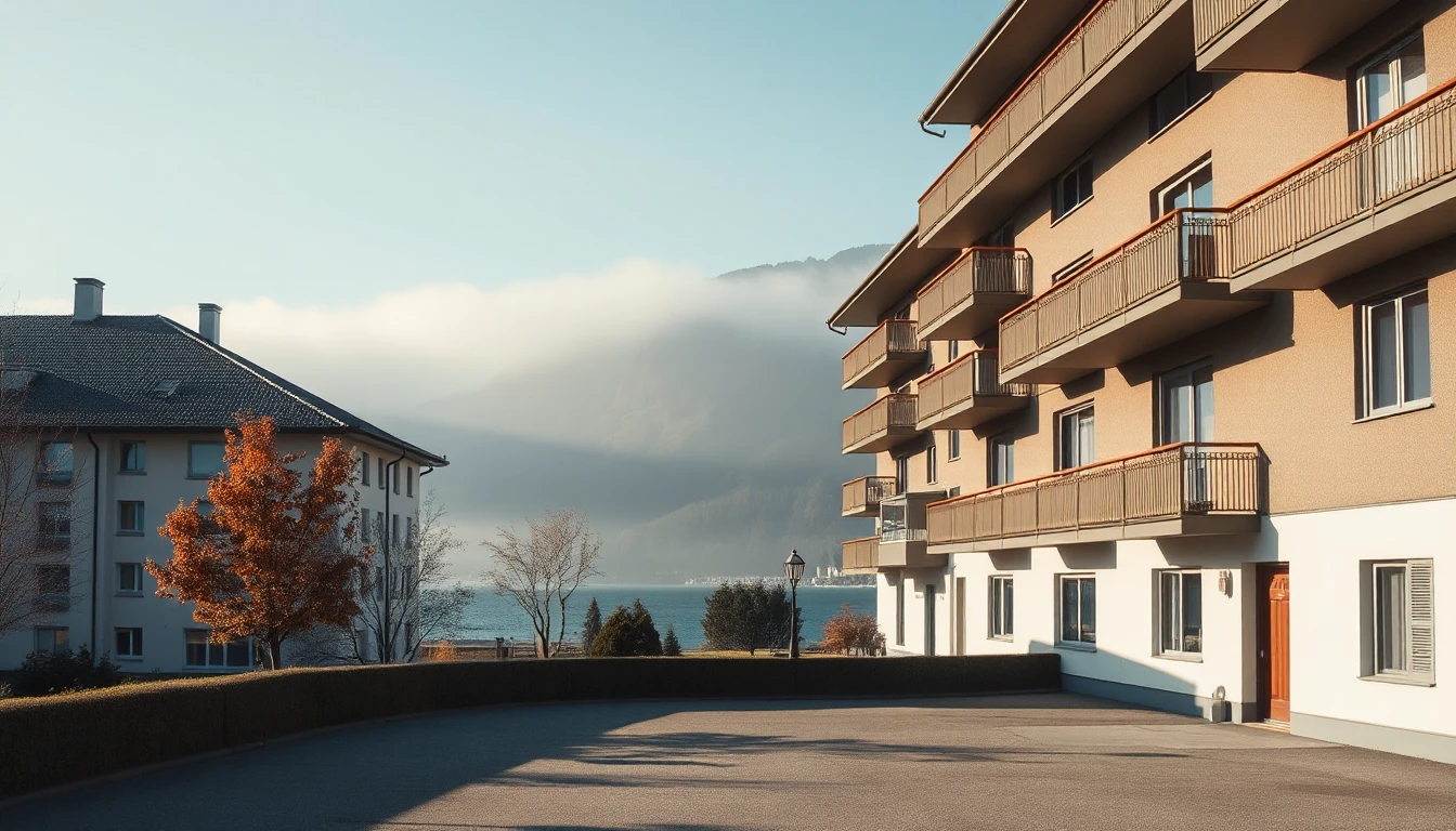 KI-Symbolbild: Ein Wohnhaus mit Balkonen im Herbst, dahinter ein See und ein Berg im Morgendunst.