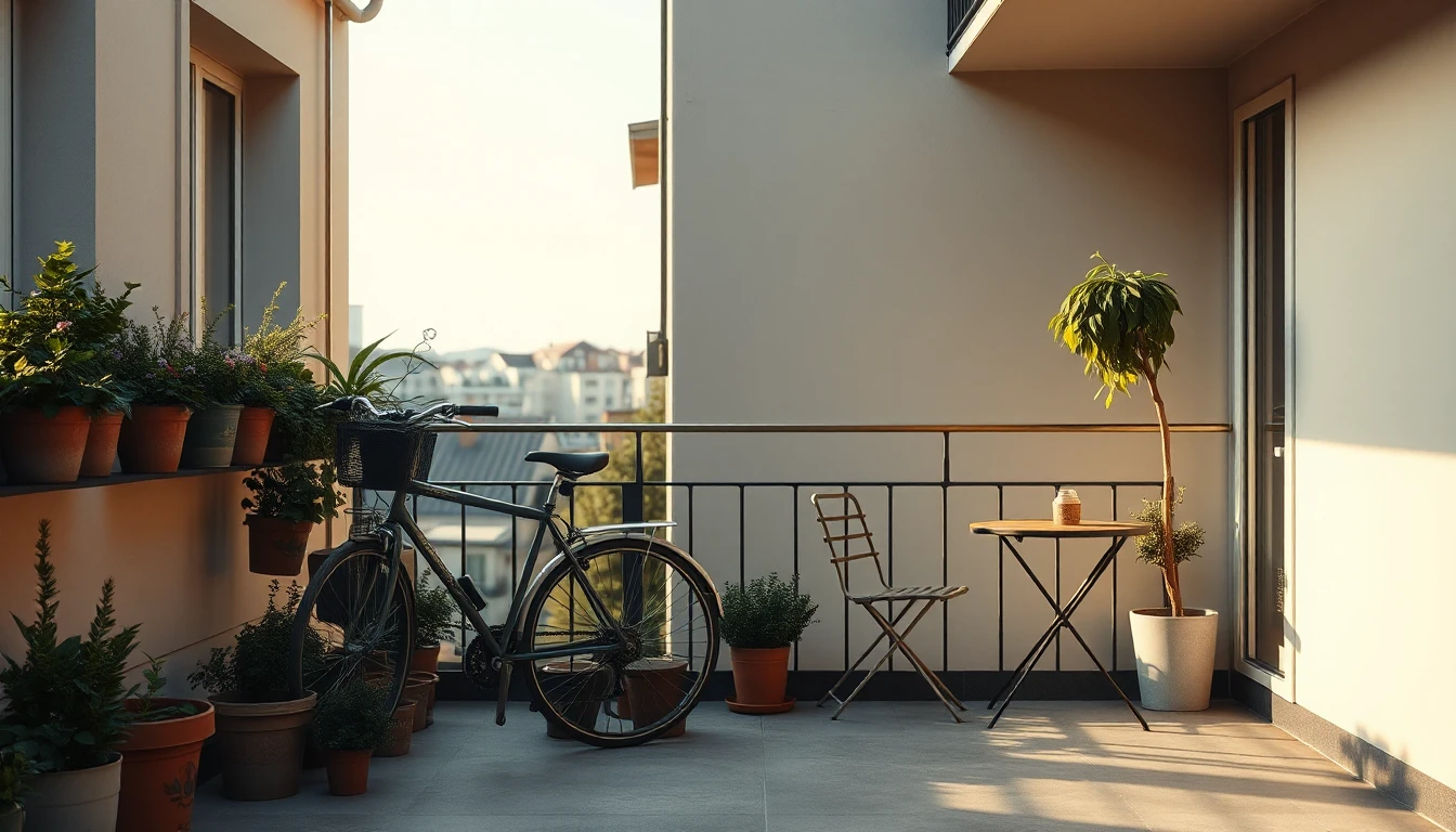 KI-Symbolbild: Ein Balkon mit Topfpflanzen, links ein Fahrrad, rechts ein kleiner Cafétisch mit Stuhl im Abendlicht.