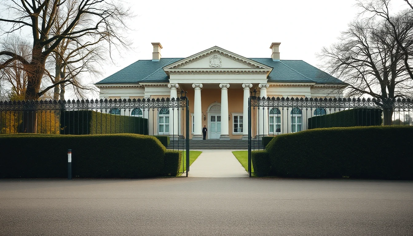 KI-Symbolbild: Eine herrschaftliche Villa mit Säulenportikus hinter einem offenen schmiedeeisernen Tor und geschnittenen Hecken, am Eingang steht eine Wache.