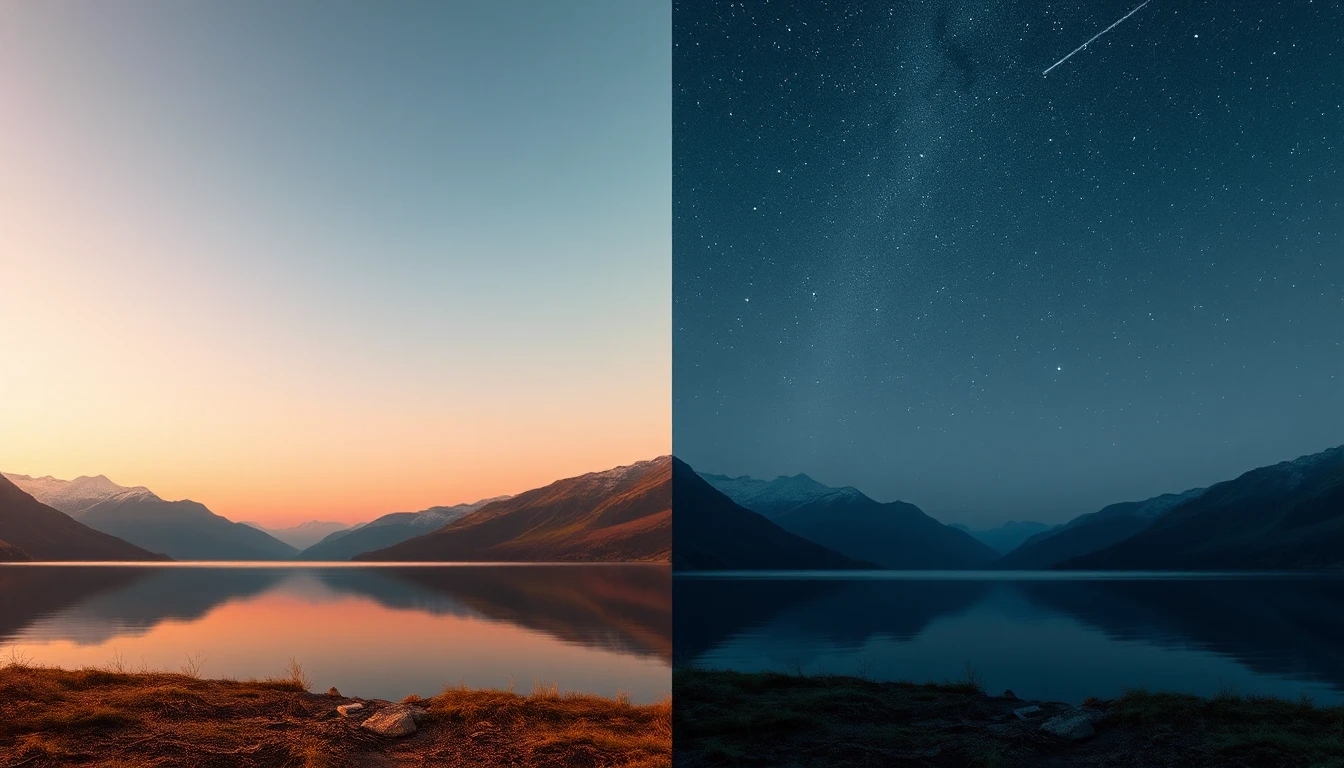 KI-Symbolbild: Zwei nebeneinander gestellte Ansichten desselben ruhigen Bergsees, links bei Sonnenaufgang, rechts in der Nacht unter Sternen.