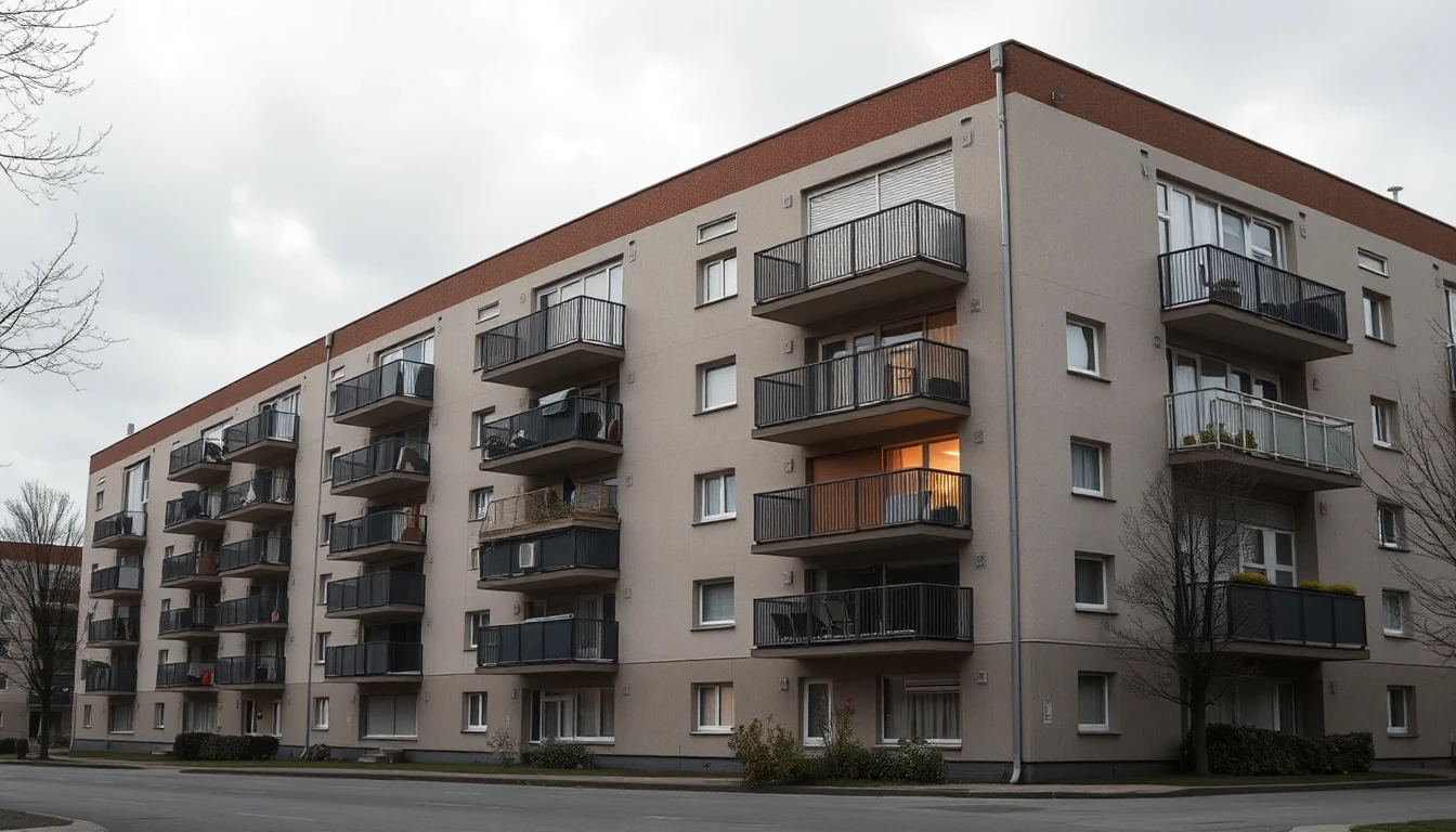 KI-Symbolbild: Ein mehrstöckiger Wohnblock mit Balkonen unter grauem Frühlingshimmel, eine Wohnung mit herabgelassenen Rollos.