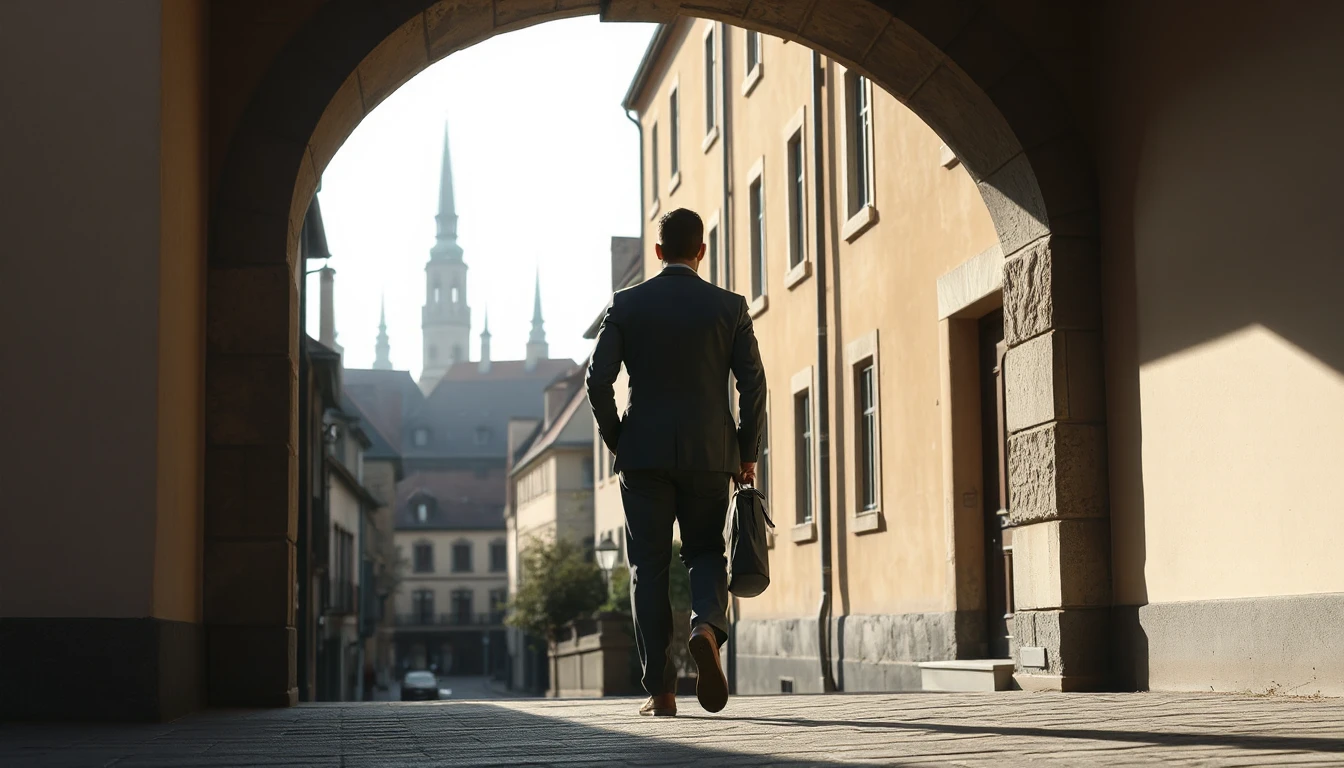 KI-Symbolbild: Ein Mann geht von hinten gesehen mit einer Tasche durch einen steinernen Torbogen auf die Altstadttürme zu.