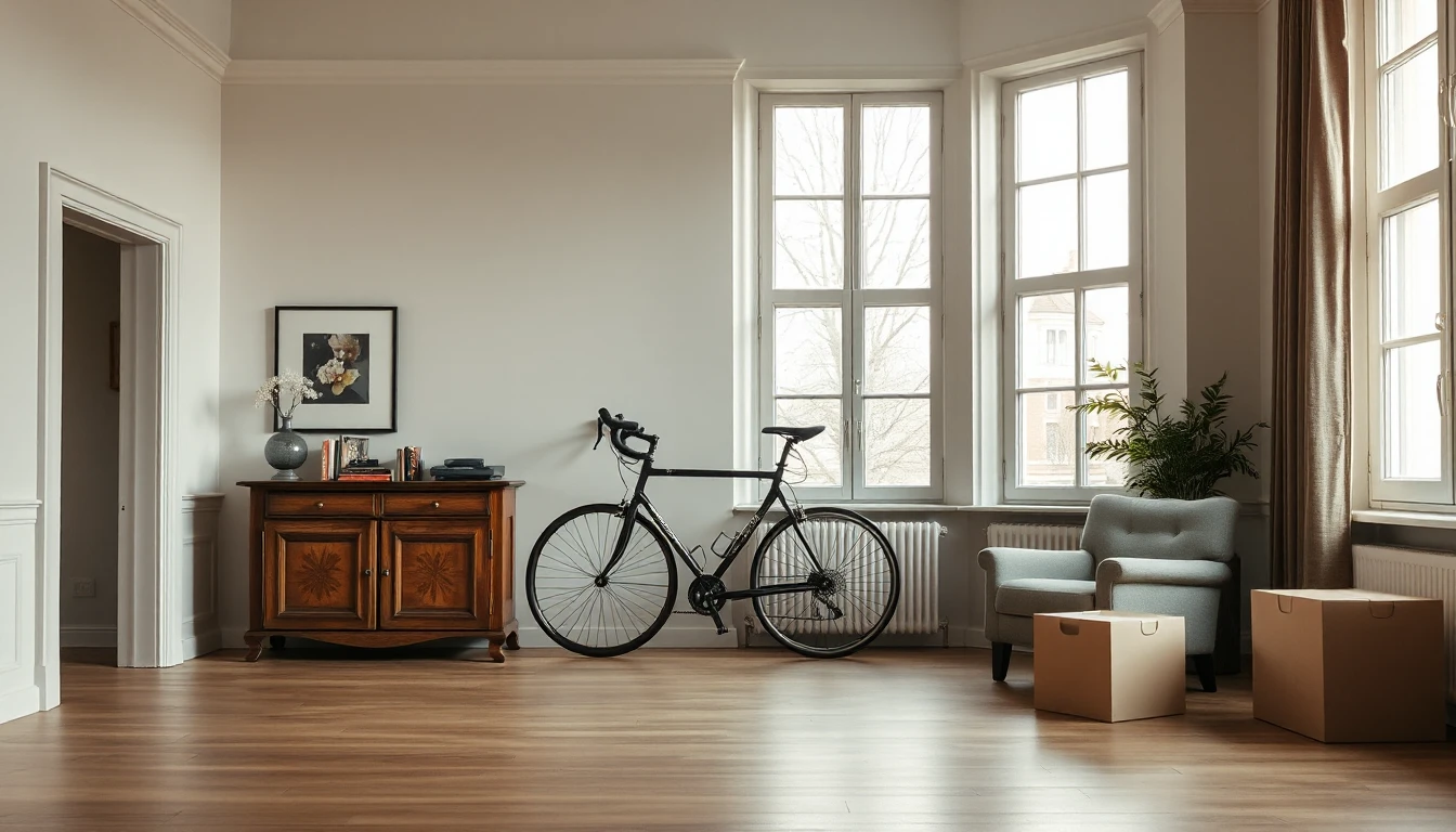 KI-Symbolbild: Ein helles möbliertes Wohnzimmer mit Holzkommode, einem schwarzen Rennrad an der Wand, einem Sessel und Umzugskartons.