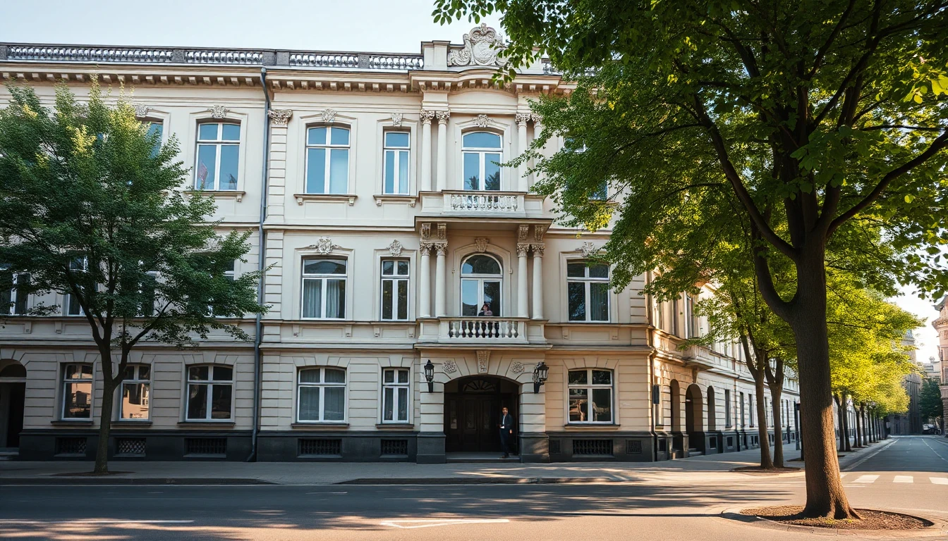 KI-Symbolbild: Ein hell verputztes Gründerzeit-Mietshaus mit Stuck und hohen Fenstern an einer von Linden gesäumten Straße im Morgenlicht.