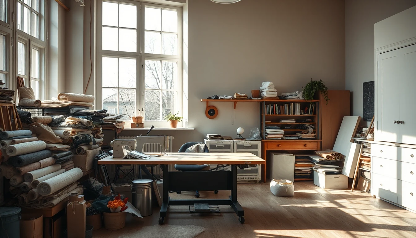 KI-Symbolbild: Ein Altbau-Wohnzimmer mit hohen Fenstern, das mit Stoffrollen, Nähmaschine und großem Zuschneidetisch als Nähwerkstatt genutzt wird.