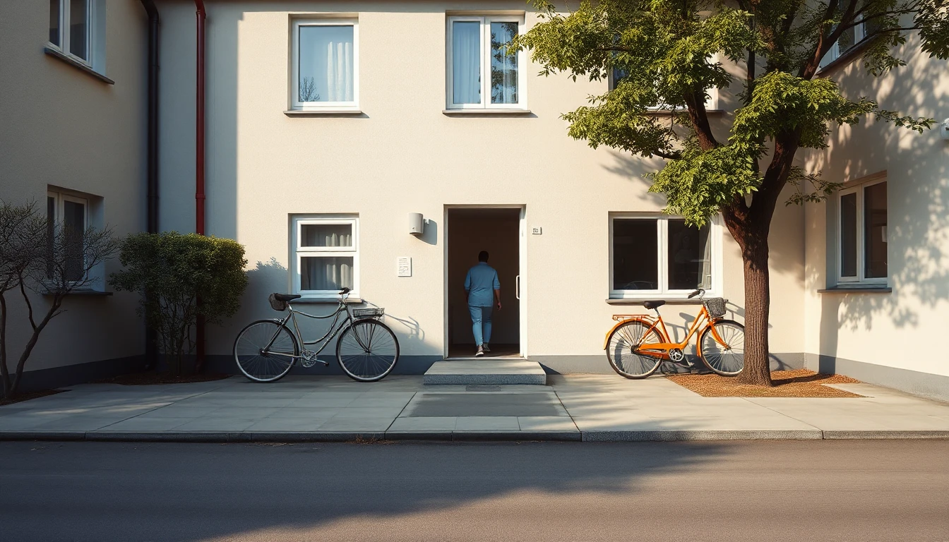 KI-Symbolbild: Eine Person geht von hinten gesehen in ein schlichtes Mietshaus, neben dem Eingang lehnen zwei Fahrräder.