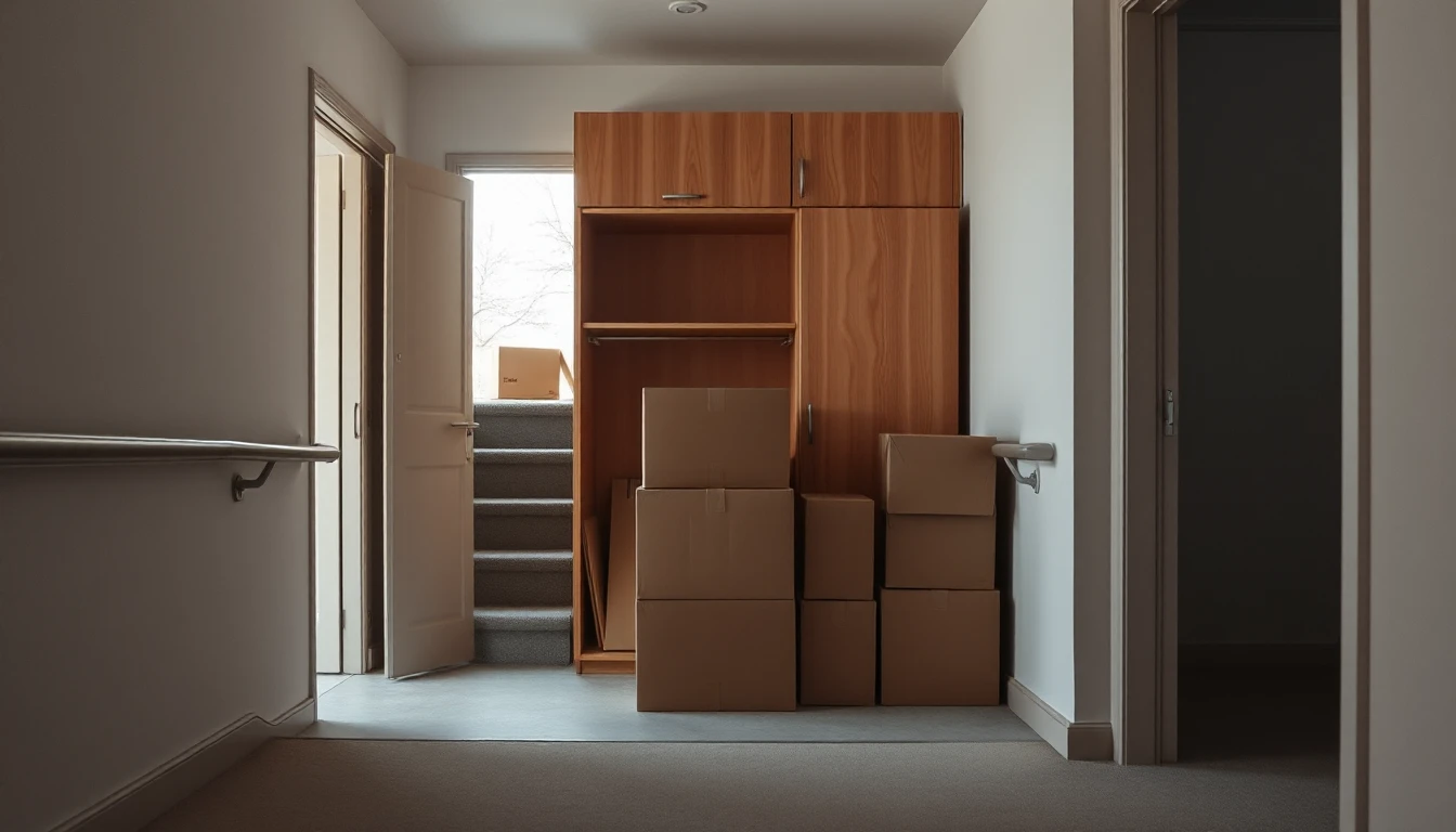 KI-Symbolbild: Ein Treppenflur mit offenem Holzschrank und gestapelten schlichten Umzugskartons neben einer offenen Tür.
