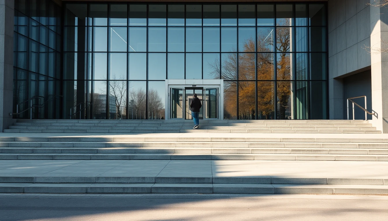 KI-Symbolbild: Eine Person geht von hinten gesehen die breite Treppe zu einem modernen Gerichtsgebäude aus Glas und Beton hinauf.