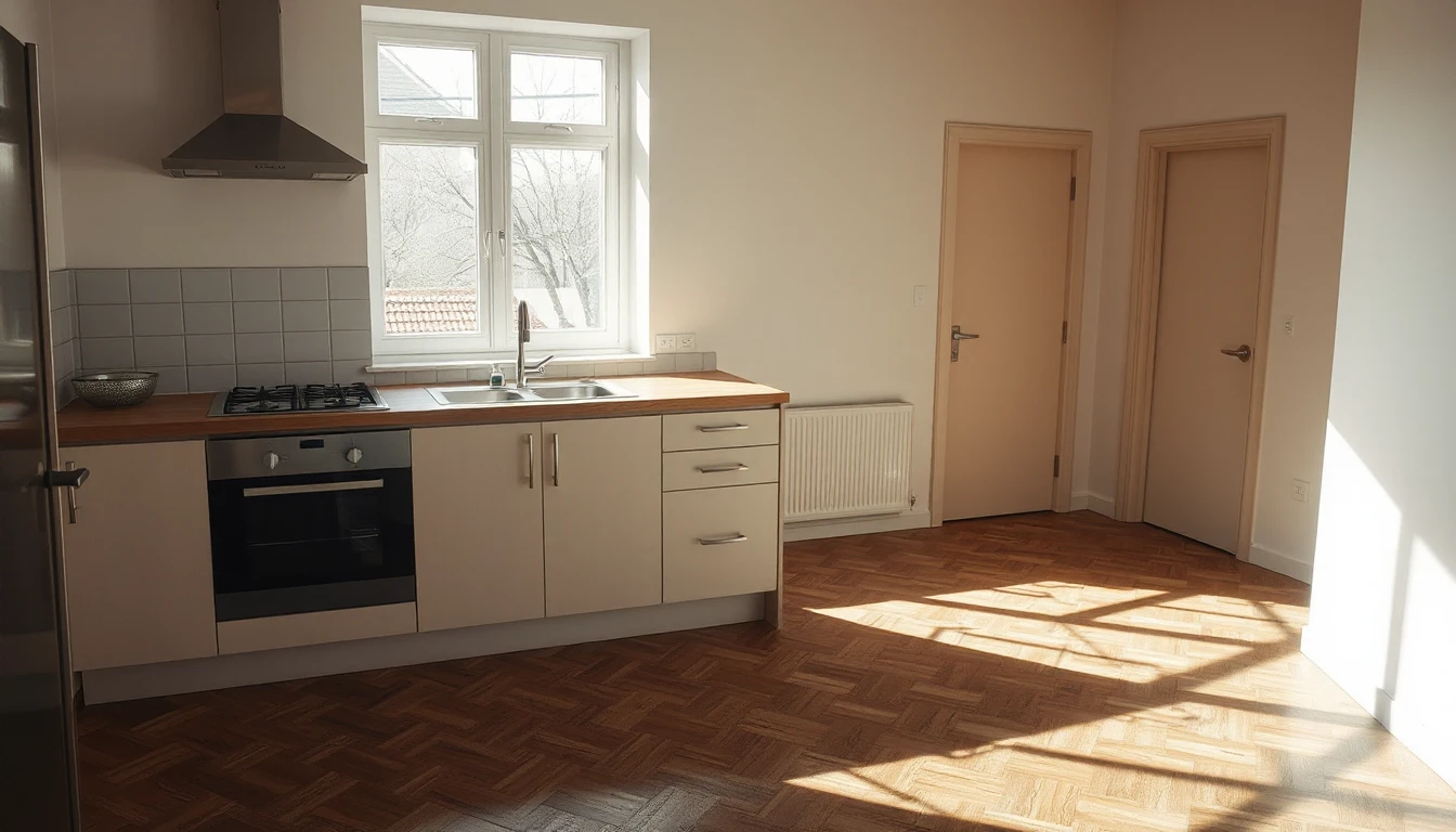 KI-Symbolbild: Eine Mietwohnung mit Küchenzeile, Holzarbeitsplatte und Parkettboden, auf den die Morgensonne fällt.