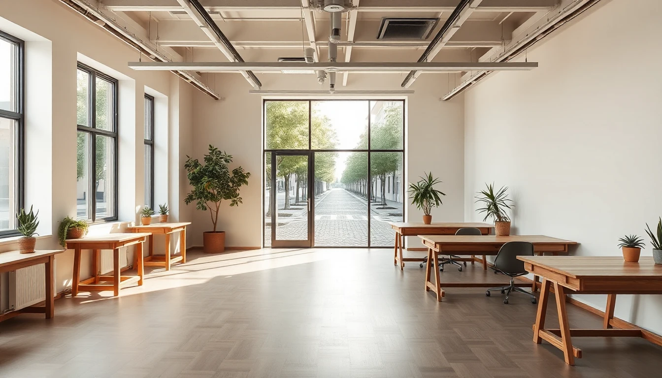 KI-Symbolbild: Ein helles, leeres Büro mit Holztischen, Bürostühlen und Topfpflanzen, durch eine große Glastür fällt der Blick auf eine baumgesäumte Straße.