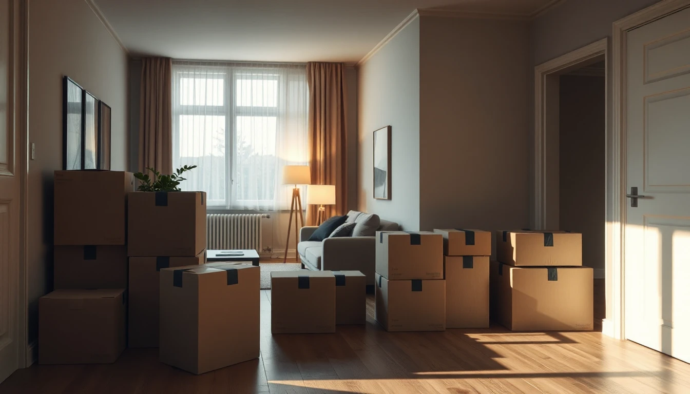 KI-Symbolbild: Gestapelte schlichte Umzugskartons in einer Altbauwohnung vor einem noch eingerichteten Wohnzimmer mit Stehlampen.