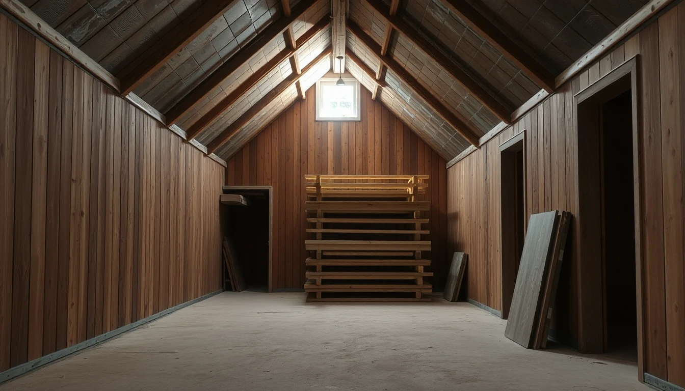 KI-Symbolbild: Ein Dachboden mit Holzverschlägen, kleinem Giebelfenster und gestapelten Holzbalken für einen geplanten Ausbau.