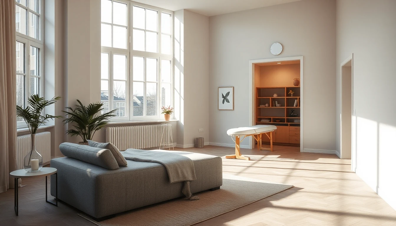 KI-Symbolbild: Ein heller Altbau-Wohnraum mit Sofa und hohen Fenstern, an den ein kleiner Behandlungsraum mit Massageliege und Regal anschließt.