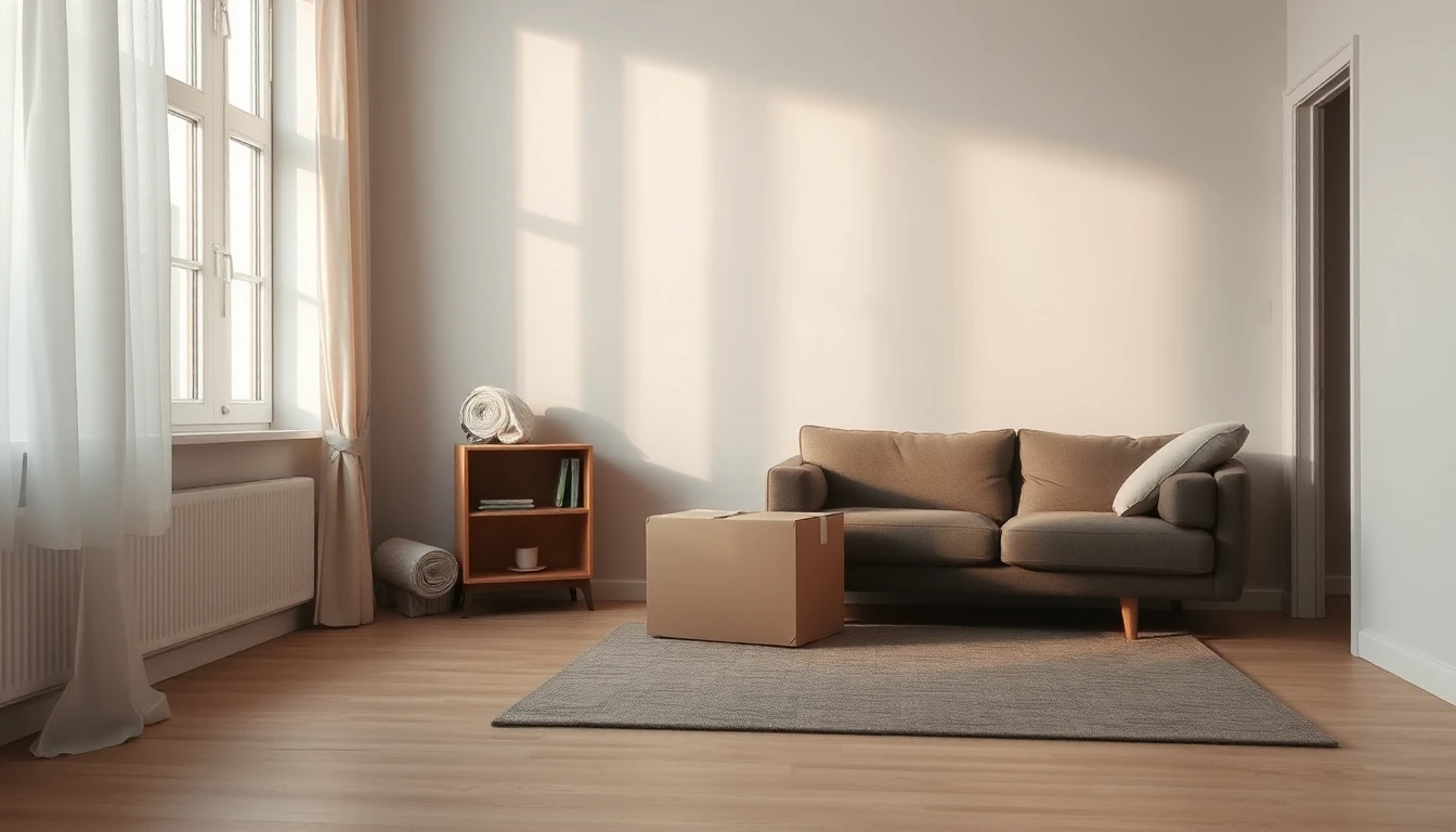 KI-Symbolbild: Eine frisch bezogene Wohnung mit Sofa, kleinem Regal, aufgerolltem Teppich und einem schlichten Karton im Nachmittagslicht.
