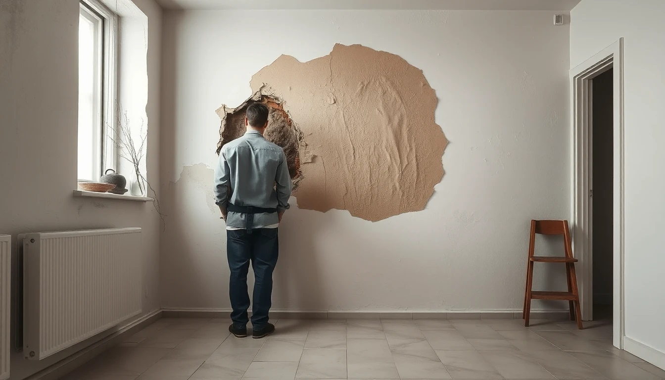 KI-Symbolbild: Ein Mann steht von hinten gesehen vor einer Wand, an der der Putz großflächig abgeplatzt und geöffnet ist.