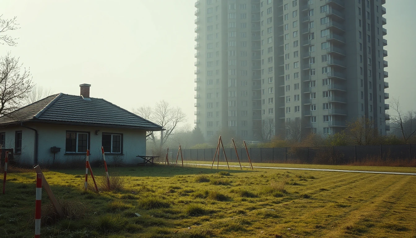 KI-Symbolbild: Ein kleines altes Haus mit rot-weißen Vermessungspflöcken im Rasen, dahinter ragt ein großer Wohnblock im Morgendunst auf.
