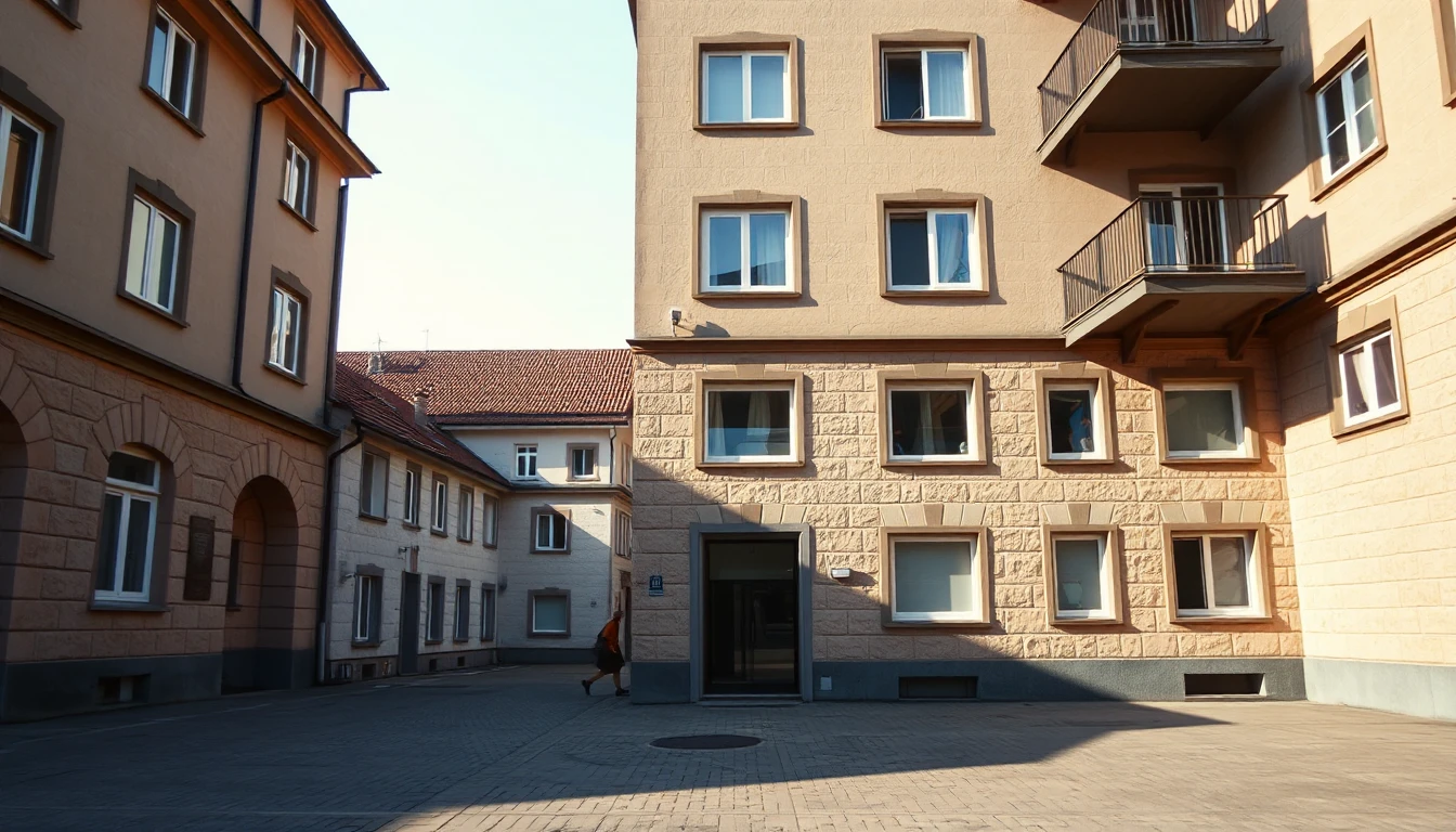 KI-Symbolbild: Ein Mietshaus mit Sandsteinsockel im frühen Morgenlicht, in der Ferne eilt eine kleine Person über den Platz.