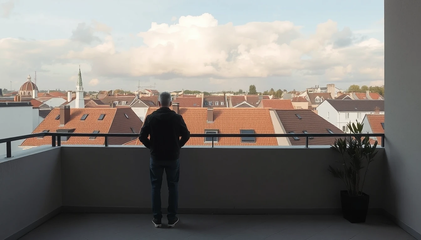 KI-Symbolbild: Eine Person steht von hinten gesehen auf einem Balkon und blickt über rote Ziegeldächer unter Wolken.